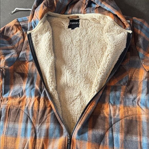 Men’s Plaid Flannel Brown Blue Full Zip Hooded Jacket Fleece Lined Size L NEW - Picture 14 of 14